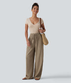 Mid Rise Drawstring Texture Resort Baggy Trousers with Pockets — Chinchilla — view 5