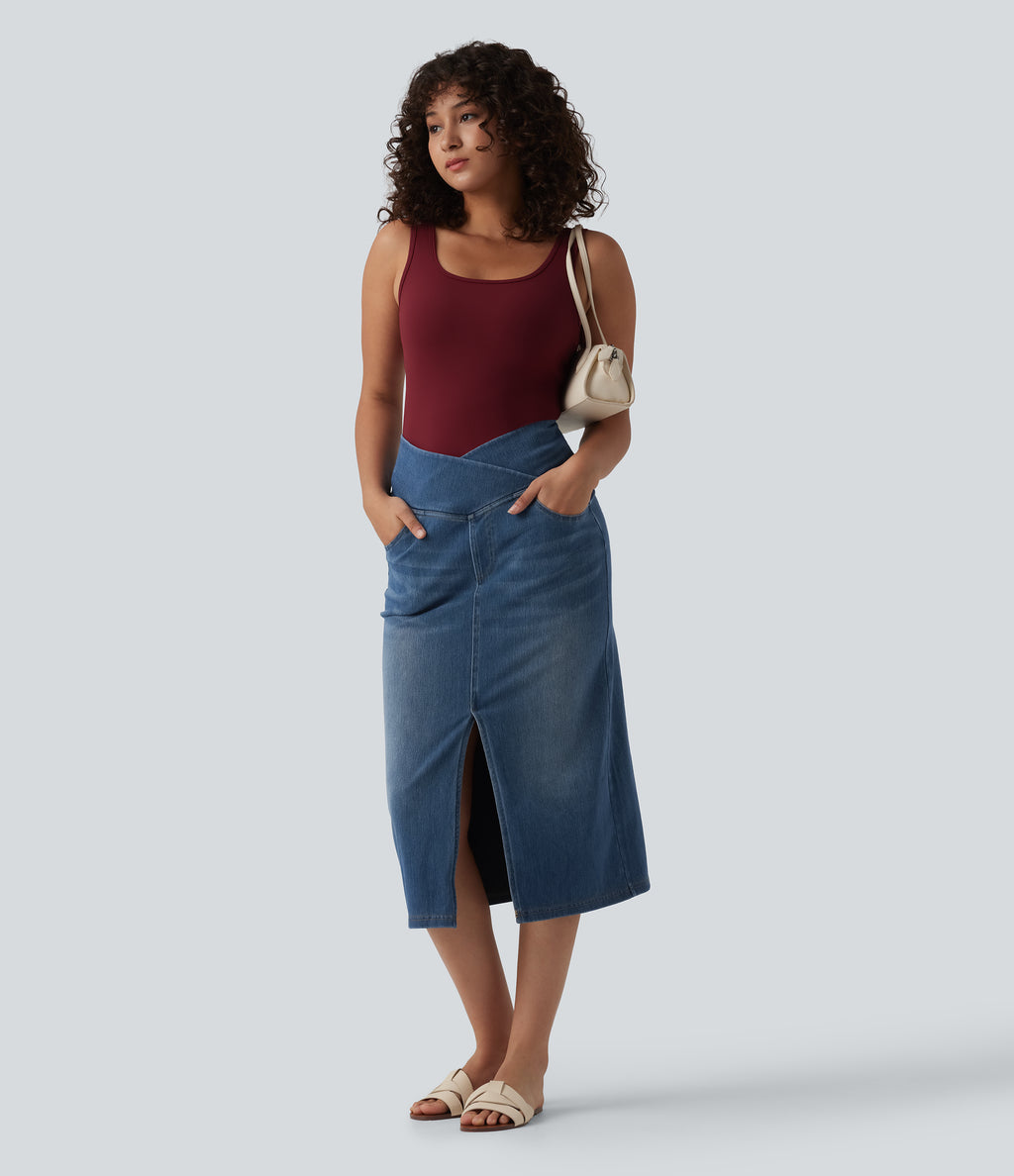 Asymmetric High Waisted Tummy Control Split Denim Casual Straight Skirt with Pockets — Tide Blue Denim — view 6