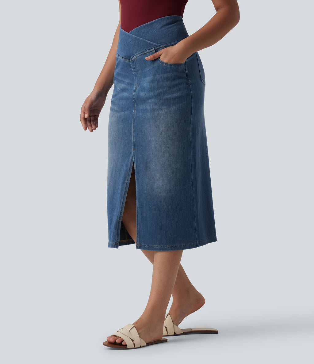 Asymmetric High Waisted Tummy Control Split Denim Casual Straight Skirt with Pockets — Tide Blue Denim — view 3