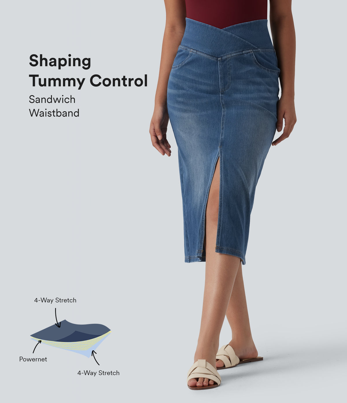 Asymmetric High Waisted Tummy Control Split Denim Casual Straight Skirt with Pockets — Tide Blue Denim — view 1