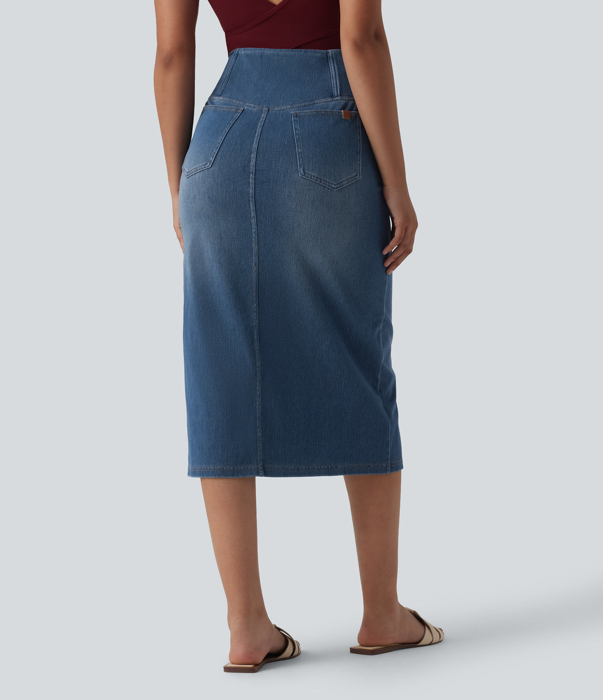 Asymmetric High Waisted Tummy Control Split Denim Casual Straight Skirt with Pockets — Tide Blue Denim — view 2