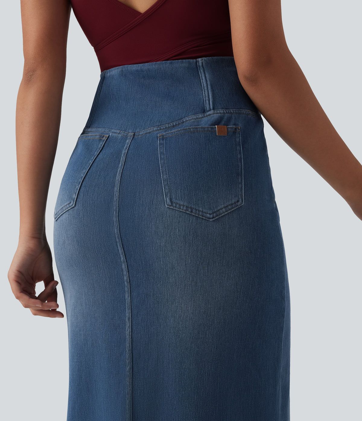 Asymmetric High Waisted Tummy Control Split Denim Casual Straight Skirt with Pockets — Tide Blue Denim — view 5