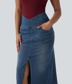 Asymmetric High Waisted Tummy Control Split Denim Casual Straight Skirt with Pockets — Tide Blue Denim — view 4