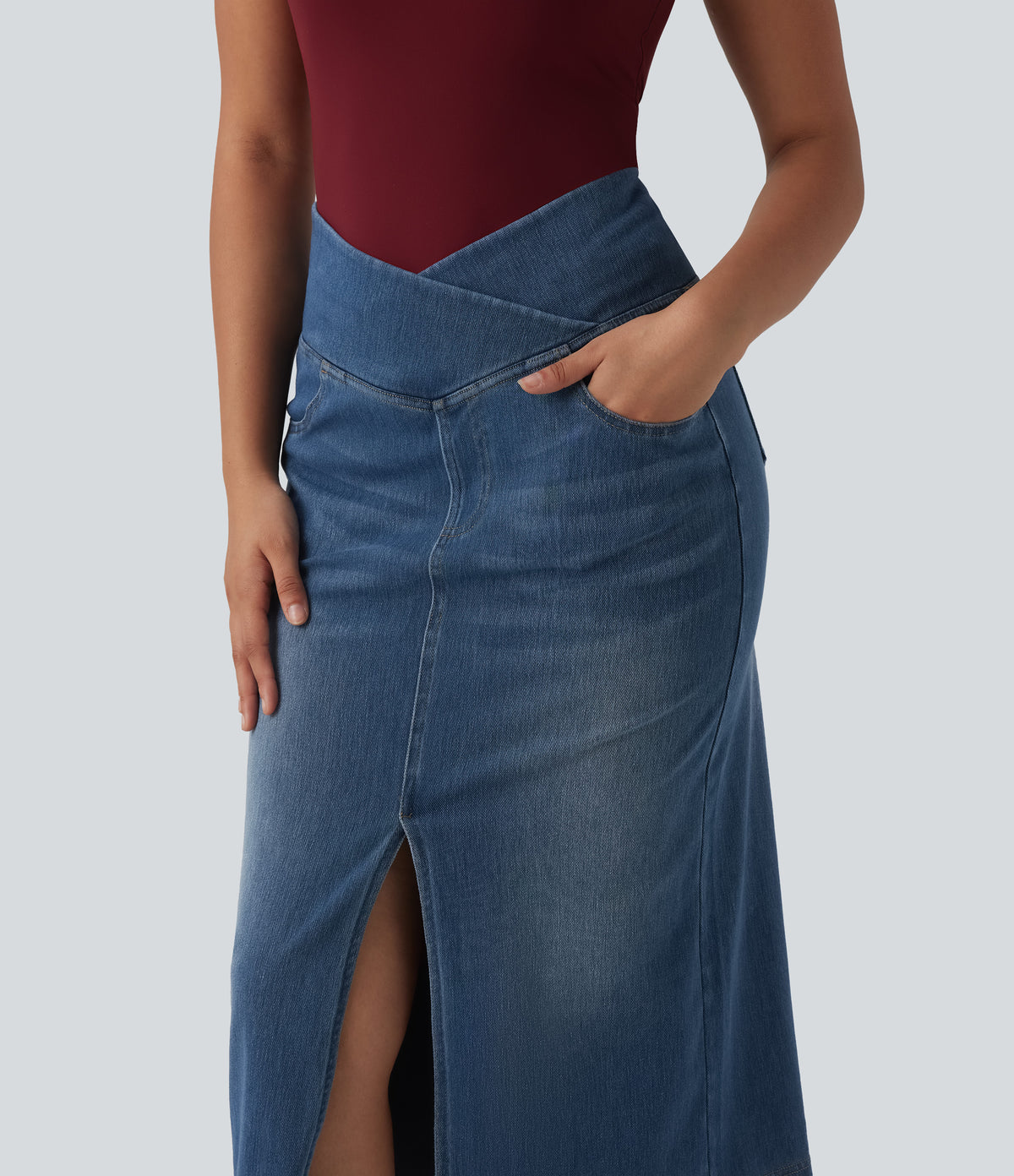 Asymmetric High Waisted Tummy Control Split Denim Casual Straight Skirt with Pockets — Tide Blue Denim — view 4
