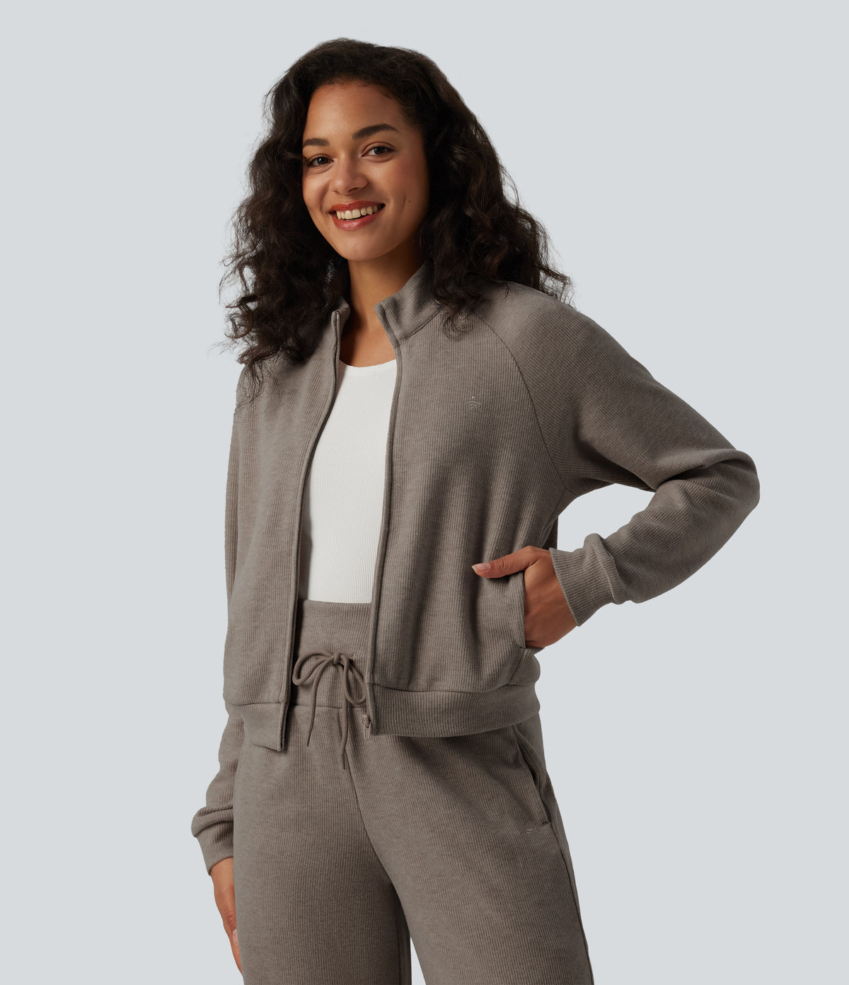 Ribbed Stand Collar Long Sleeve Zipper Casual Jacket with Pockets — Taupe Stripe — view 3