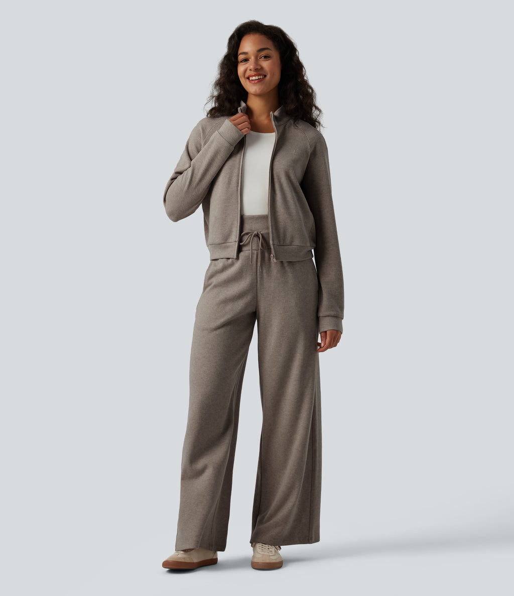 Ribbed Stand Collar Long Sleeve Zipper Casual Jacket with Pockets — Taupe Stripe — view 6