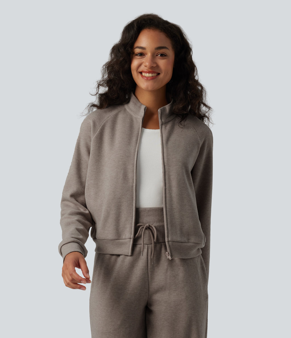Ribbed Stand Collar Long Sleeve Zipper Casual Jacket with Pockets — Taupe Stripe — view 1