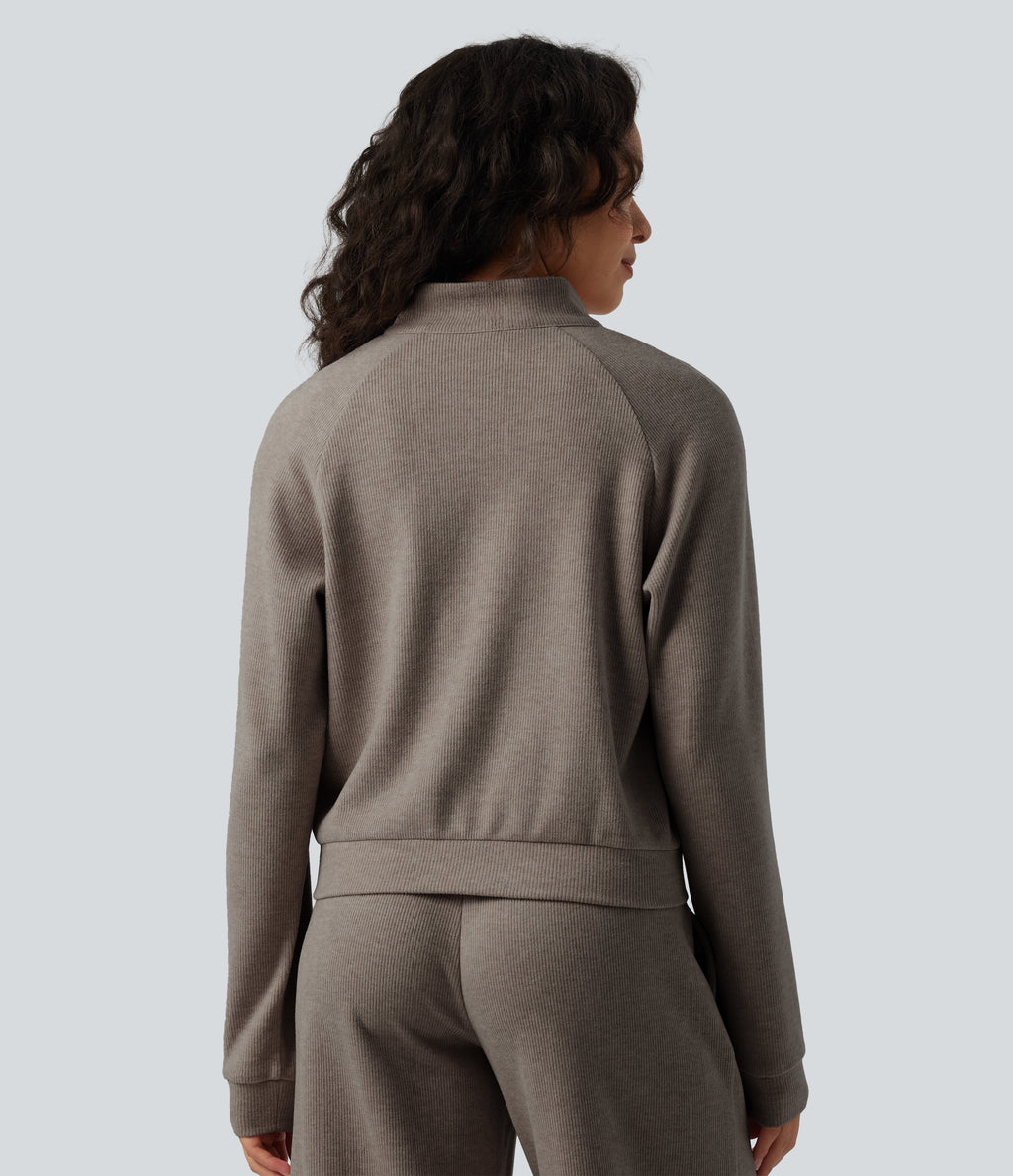 Ribbed Stand Collar Long Sleeve Zipper Casual Jacket with Pockets — Taupe Stripe — view 2