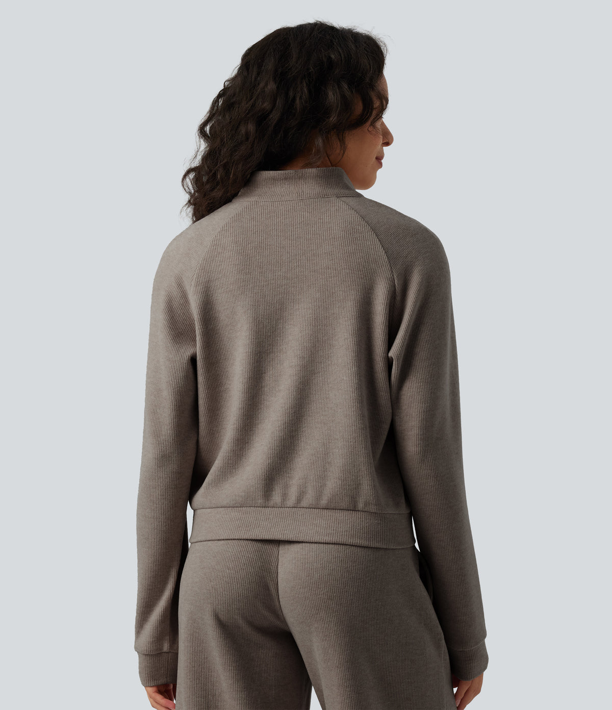 Ribbed Stand Collar Long Sleeve Zipper Casual Jacket with Pockets — Taupe Stripe — view 2