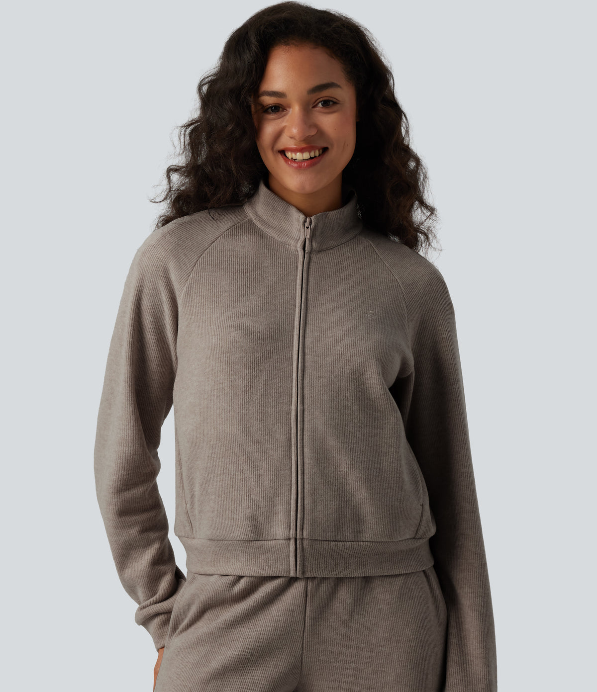 Ribbed Stand Collar Long Sleeve Zipper Casual Jacket with Pockets — Taupe Stripe — view 5