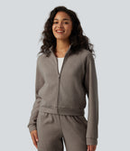 Ribbed Stand Collar Long Sleeve Zipper Casual Jacket with Pockets — Taupe Stripe — view 4