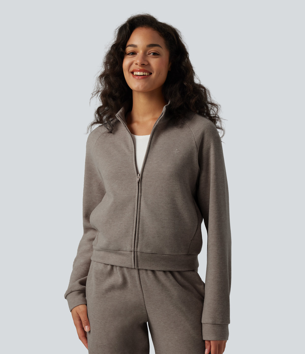 Ribbed Stand Collar Long Sleeve Zipper Casual Jacket with Pockets — Taupe Stripe — view 4