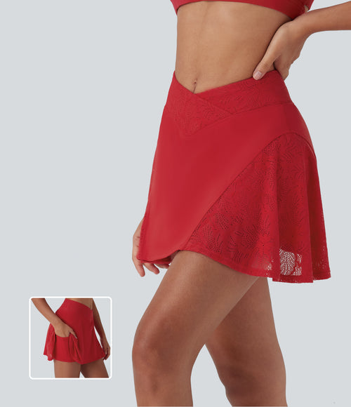 Airy Crossover High Waisted Contrast Lace 2-in-1 InstantCool Mini Yoga Skirt with Pocket — Mars Red — view 1