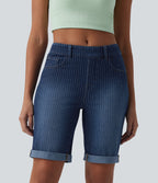Mid Rise Rolled Hem Stripes Denim Casual Skinny Shorts with Pockets — Estate Blue Denim — view 1