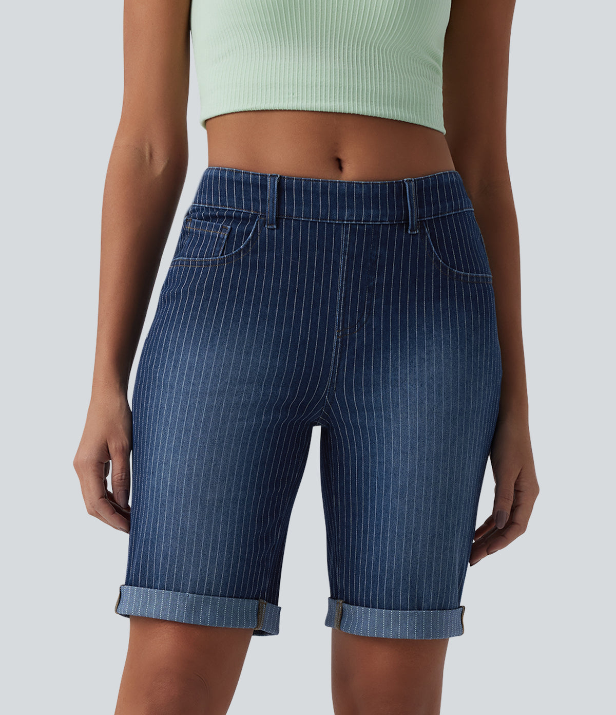 Mid Rise Rolled Hem Stripes Denim Casual Skinny Shorts with Pockets — Estate Blue Denim — view 1