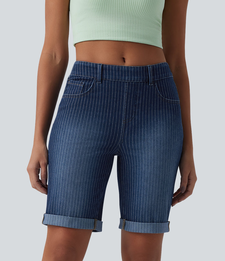 Mid Rise Rolled Hem Stripes Denim Casual Skinny Shorts with Pockets — Estate Blue Denim — view 1
