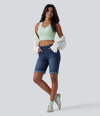 Mid Rise Rolled Hem Stripes Denim Casual Skinny Shorts with Pockets — Estate Blue Denim — view 6