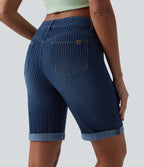 Mid Rise Rolled Hem Stripes Denim Casual Skinny Shorts with Pockets — Estate Blue Denim — view 5