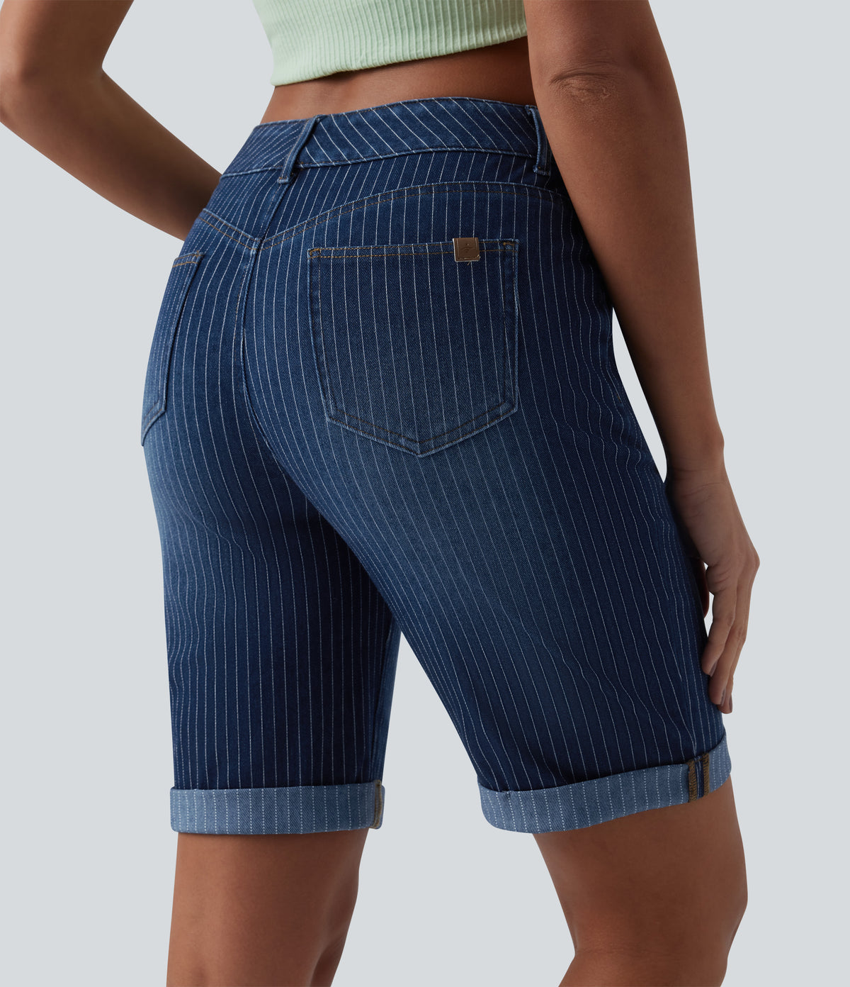 Mid Rise Rolled Hem Stripes Denim Casual Skinny Shorts with Pockets — Estate Blue Denim — view 5