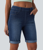 Mid Rise Rolled Hem Stripes Denim Casual Skinny Shorts with Pockets — Estate Blue Denim — view 4