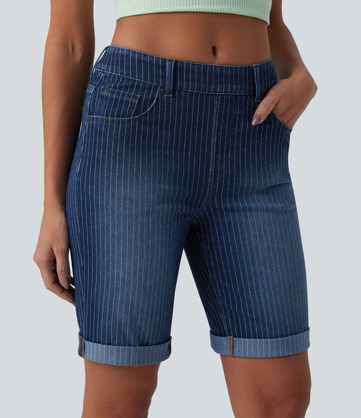 Mid Rise Rolled Hem Stripes Denim Casual Skinny Shorts with Pockets — Estate Blue Denim — view 4