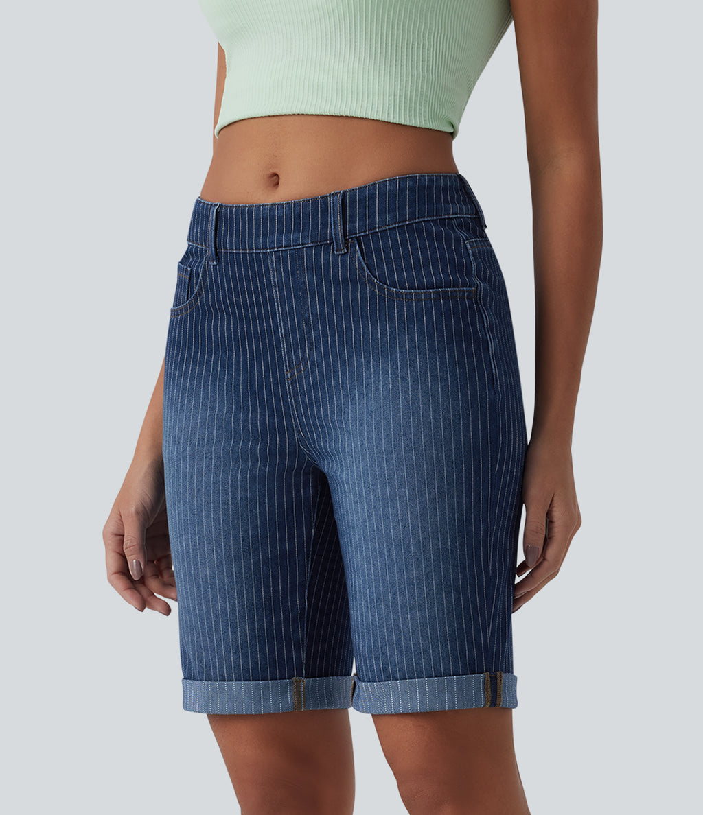 Mid Rise Rolled Hem Stripes Denim Casual Skinny Shorts with Pockets — Estate Blue Denim — view 3