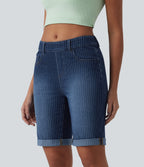 Mid Rise Rolled Hem Stripes Denim Casual Skinny Shorts with Pockets — Estate Blue Denim — view 3