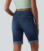 Mid Rise Rolled Hem Stripes Denim Casual Skinny Shorts with Pockets — Estate Blue Denim — view 2