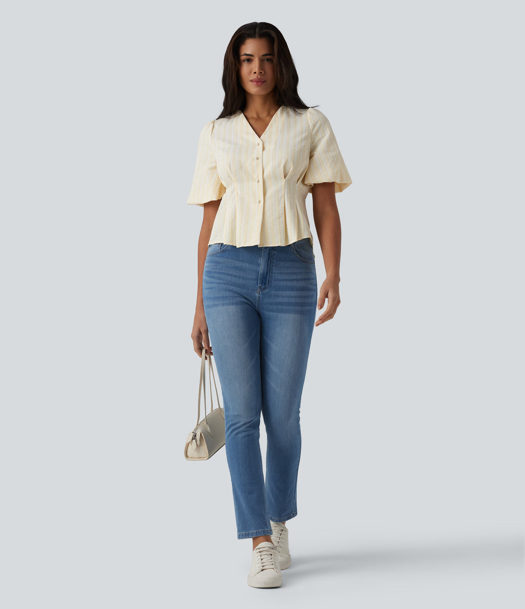 V Neck Puff Half Sleeve Stripe Casual Blouse — Orange White Stripe — view 6