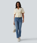 V Neck Puff Half Sleeve Stripe Casual Blouse — Orange White Stripe — view 6