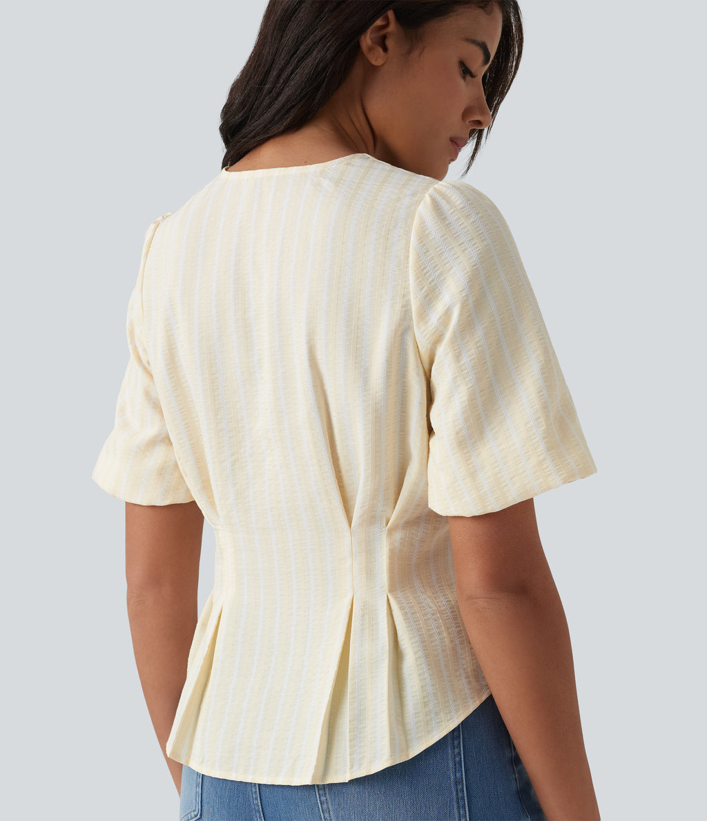 V Neck Puff Half Sleeve Stripe Casual Blouse — Orange White Stripe — view 1