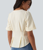 V Neck Puff Half Sleeve Stripe Casual Blouse — Orange White Stripe — view 1