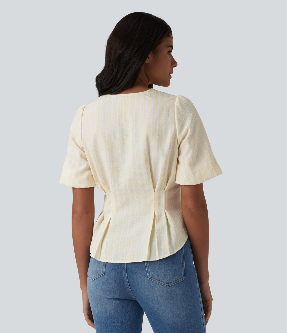 V Neck Puff Half Sleeve Stripe Casual Blouse — Orange White Stripe — view 4