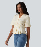 V Neck Puff Half Sleeve Stripe Casual Blouse — Orange White Stripe — view 3