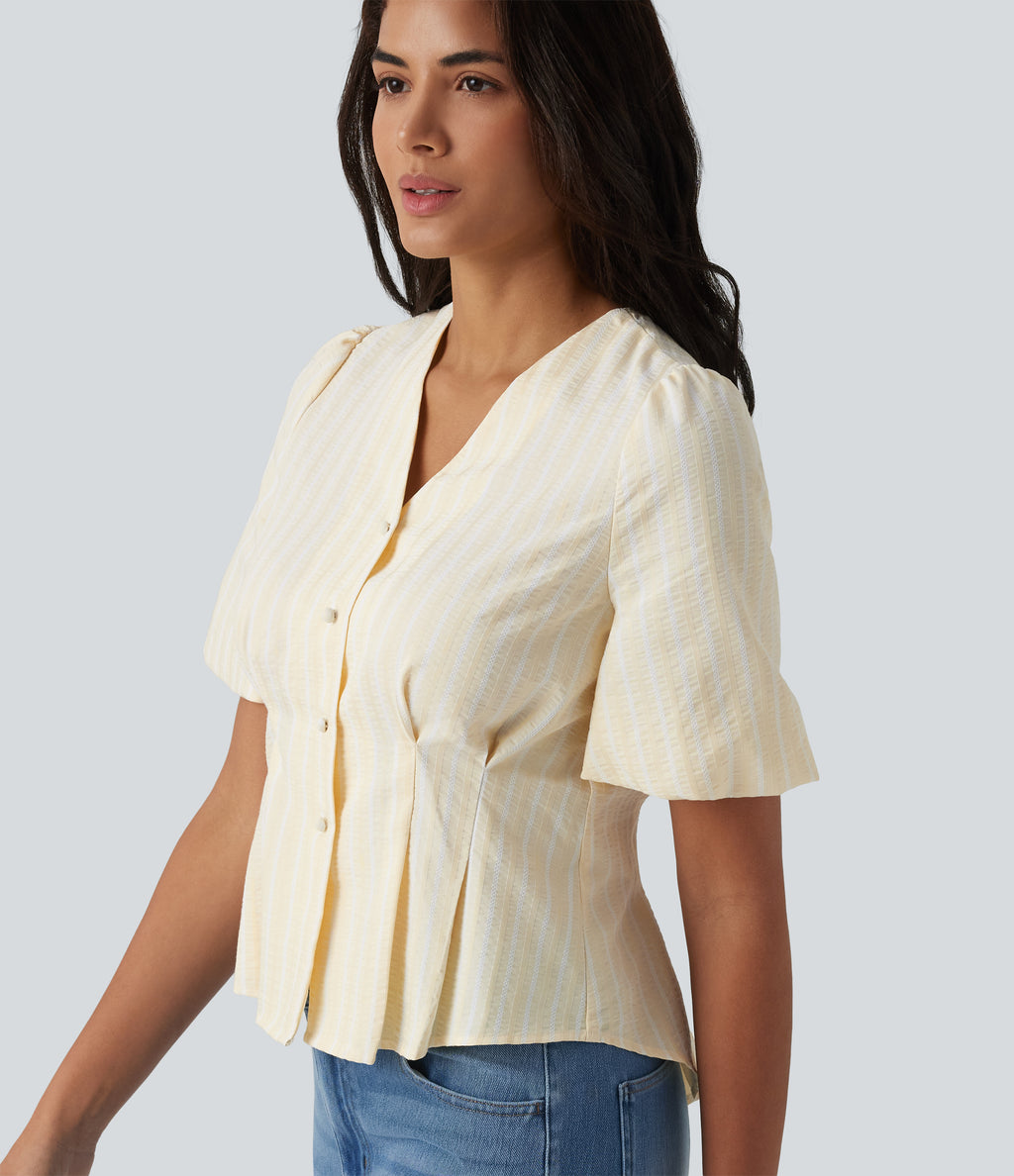 V Neck Puff Half Sleeve Stripe Casual Blouse — Orange White Stripe — view 5