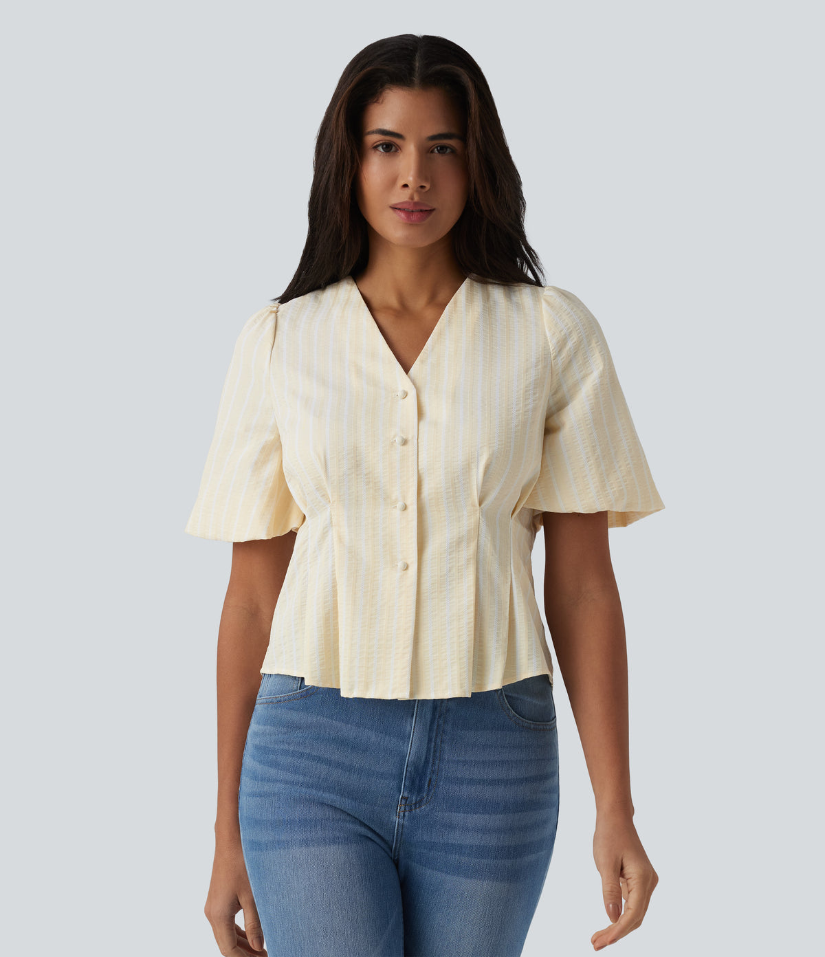 V Neck Puff Half Sleeve Stripe Casual Blouse — Orange White Stripe — view 2