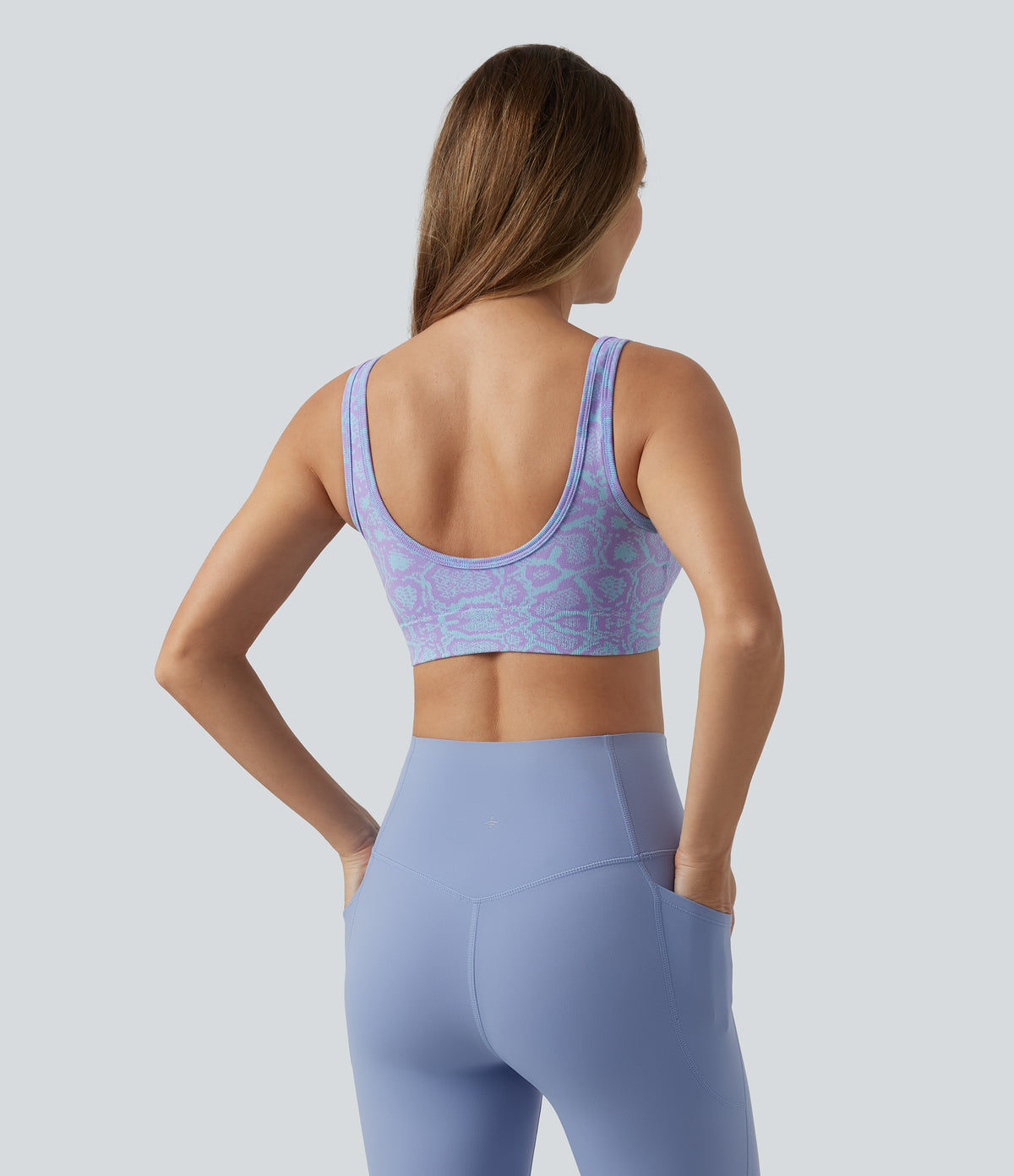 OneForm Seamless Flow Low Support U-Neck Snakeskin Print Built-in Bra Yoga Sports Bra — Orchid Bloom — view 2