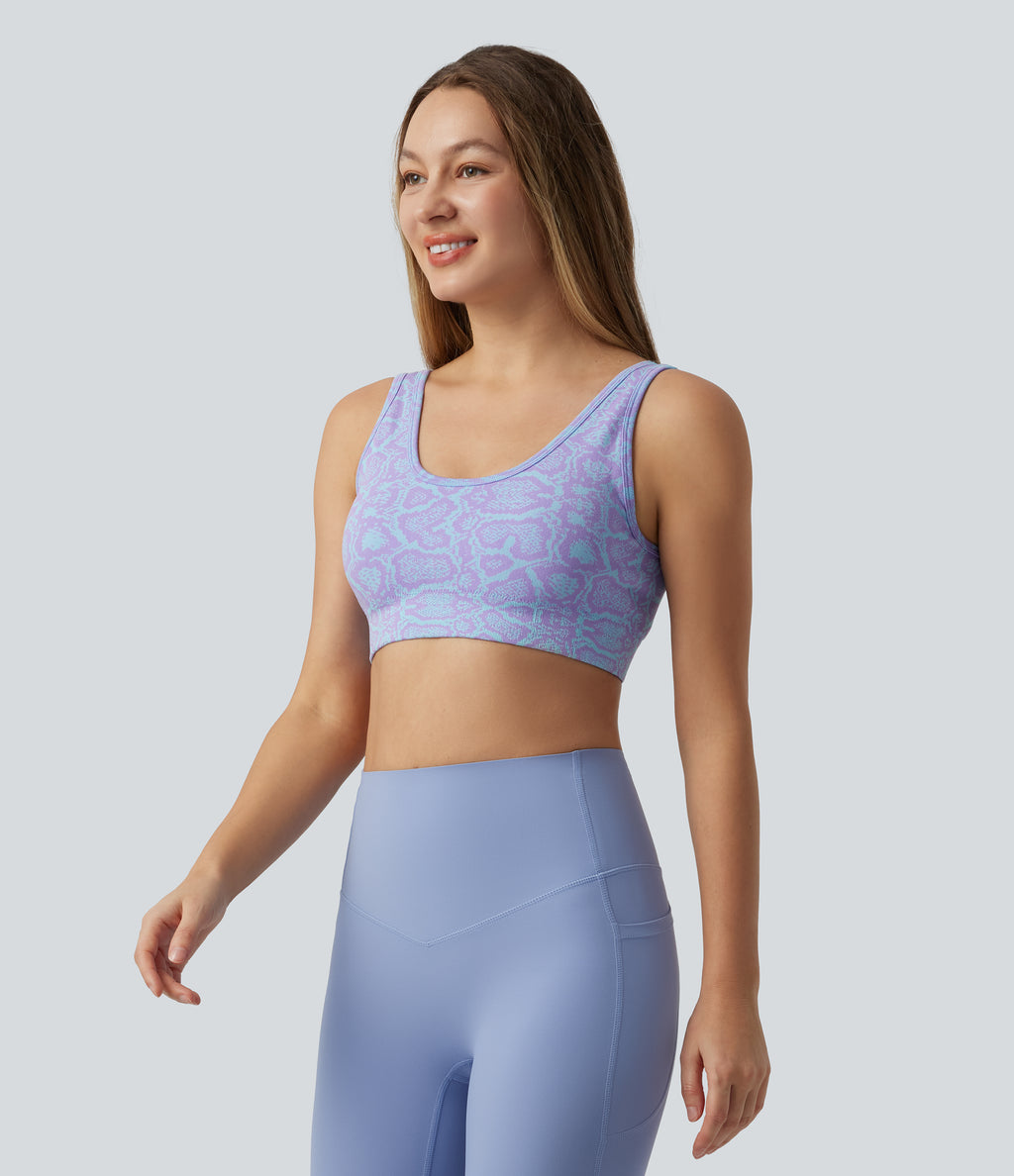 OneForm Seamless Flow Low Support U-Neck Snakeskin Print Built-in Bra Yoga Sports Bra — Orchid Bloom — view 3