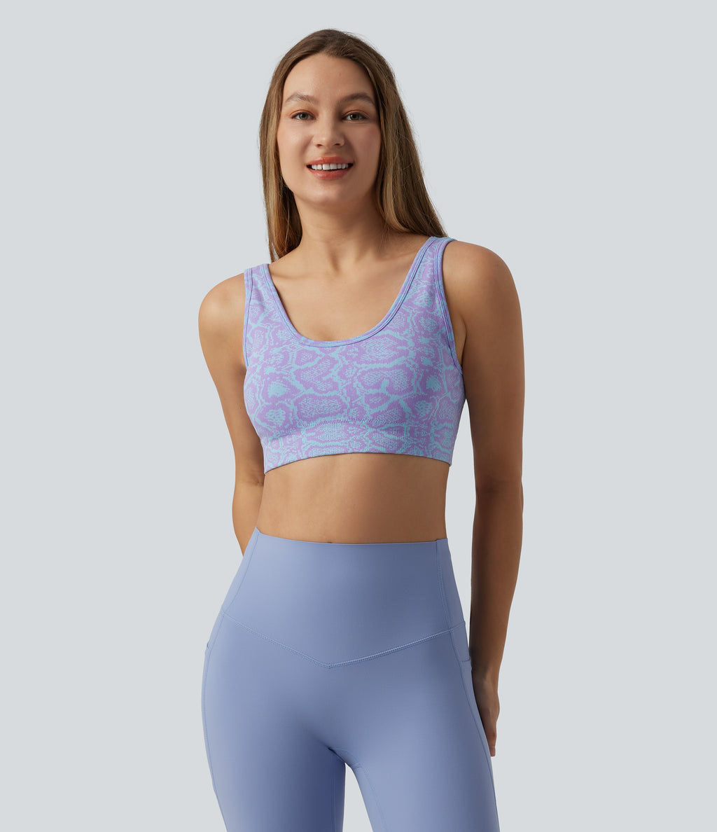 OneForm Seamless Flow Low Support U-Neck Snakeskin Print Built-in Bra Yoga Sports Bra — Orchid Bloom — view 4