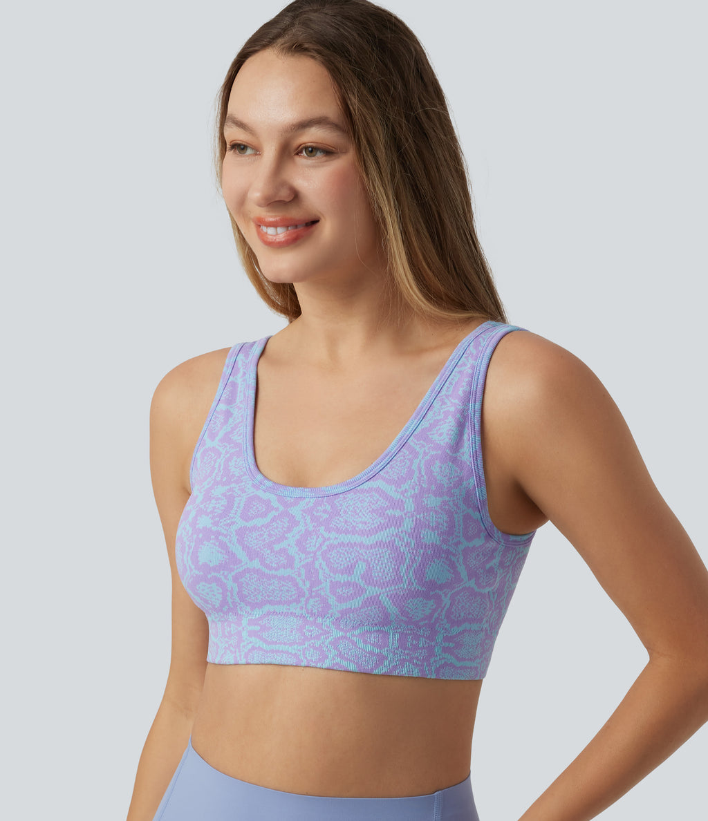 OneForm Seamless Flow Low Support U-Neck Snakeskin Print Built-in Bra Yoga Sports Bra — Orchid Bloom — view 5