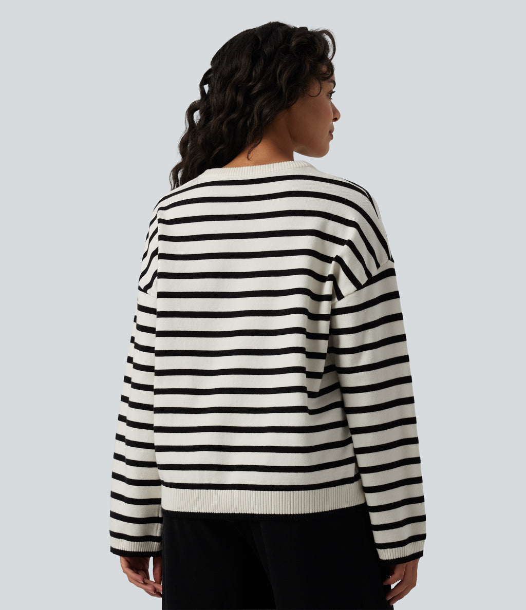 Round Neck Long Sleeve Stripe Decorative Button Casual Jumper — Black White Horizontal Stripe — view 2