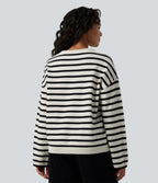 Round Neck Long Sleeve Stripe Decorative Button Casual Jumper — Black White Horizontal Stripe — view 2