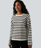 Round Neck Long Sleeve Stripe Decorative Button Casual Jumper — Black White Horizontal Stripe — view 4