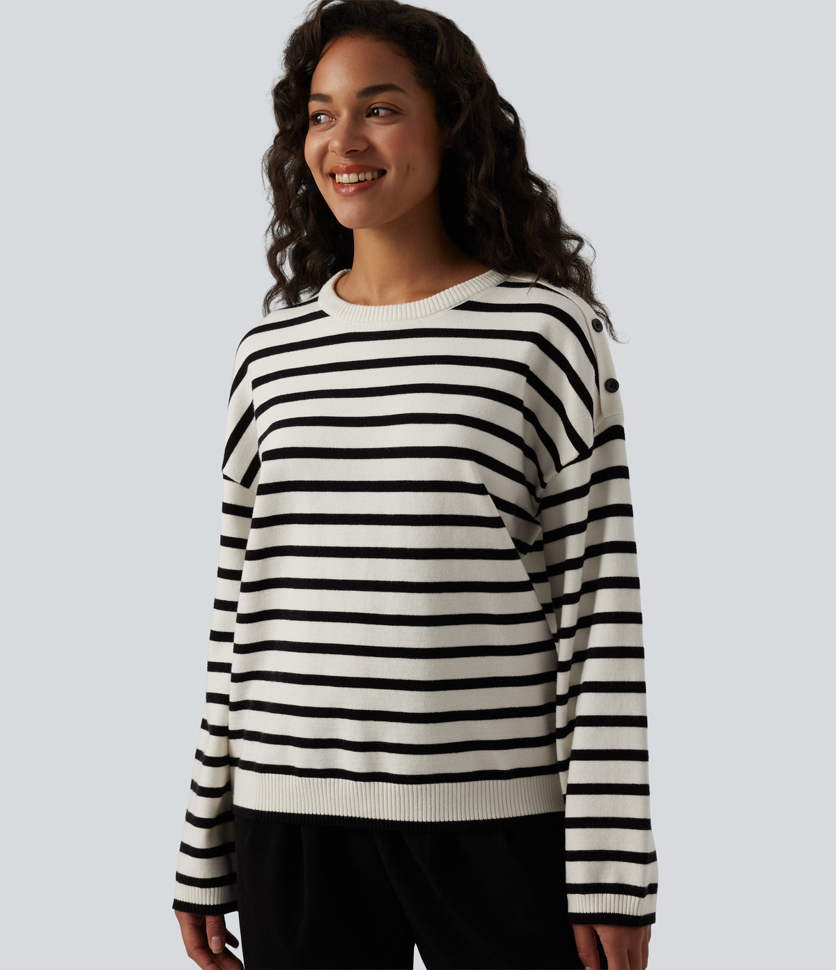 Round Neck Long Sleeve Stripe Decorative Button Casual Jumper — Black White Horizontal Stripe — view 4