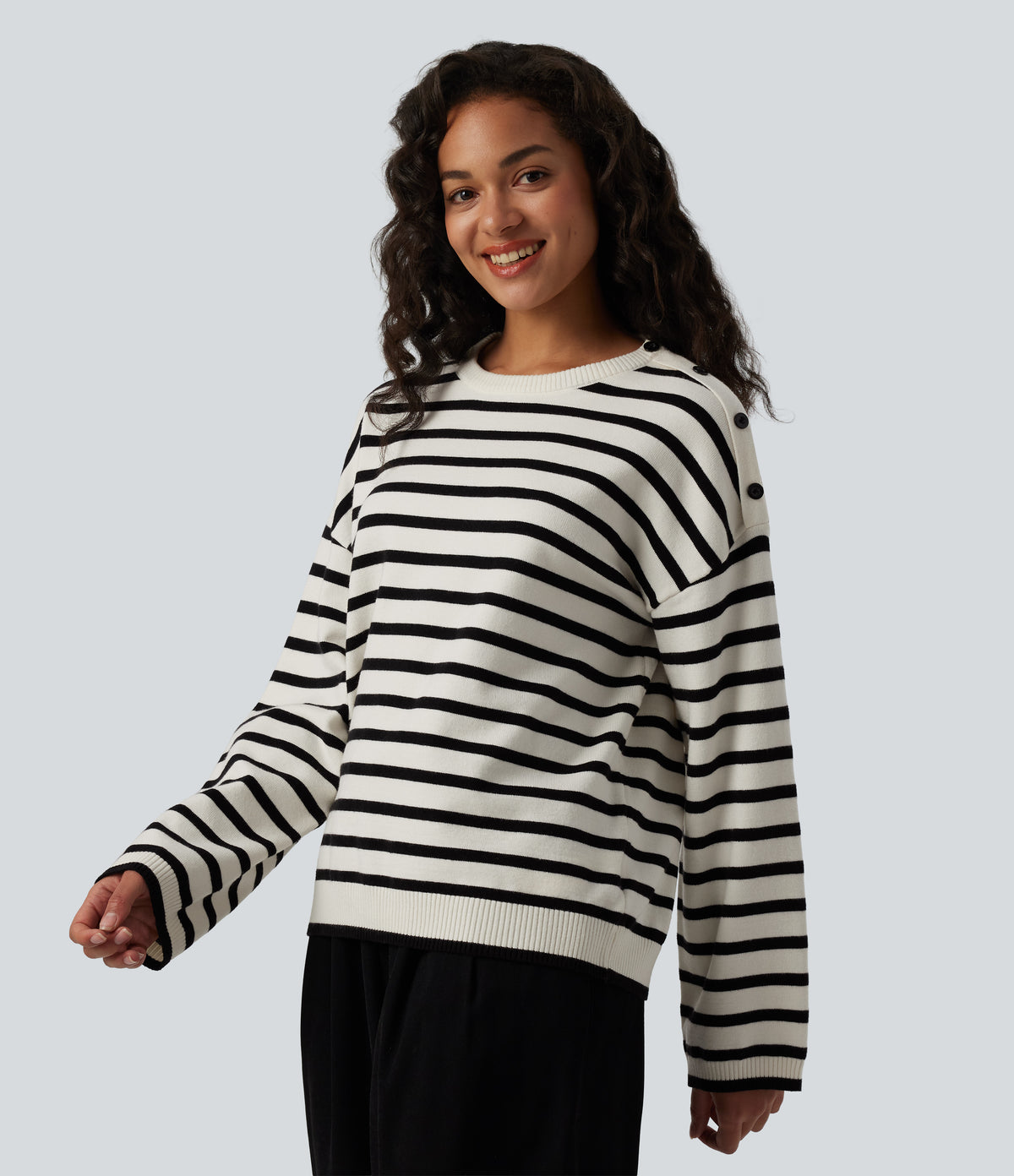 Round Neck Long Sleeve Stripe Decorative Button Casual Jumper — Black White Horizontal Stripe — view 3