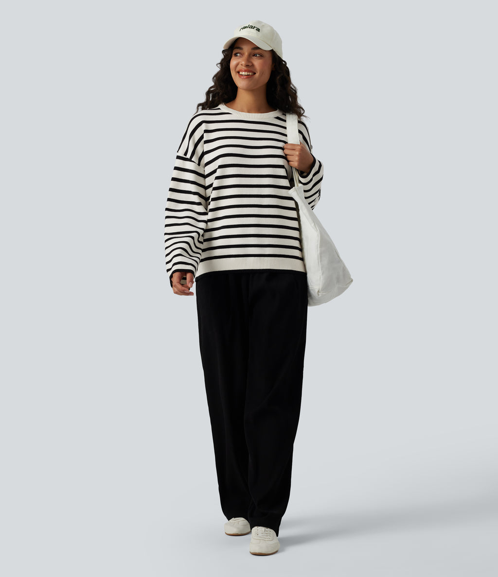 Round Neck Long Sleeve Stripe Decorative Button Casual Jumper — Black White Horizontal Stripe — view 5
