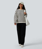 Round Neck Long Sleeve Stripe Decorative Button Casual Jumper — Black White Horizontal Stripe — view 5