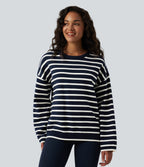 Round Neck Long Sleeve Stripe Decorative Button Casual Jumper — Nautical Sea Stripe — view 6