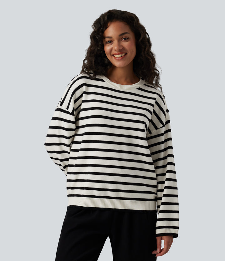 Round Neck Long Sleeve Stripe Decorative Button Casual Jumper — Black White Horizontal Stripe — view 1