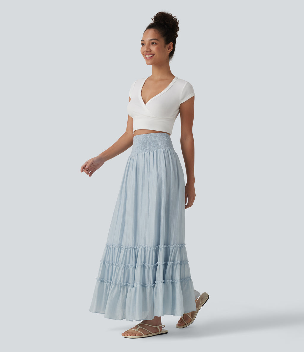 High Waisted Flowy Tiered Maxi Resort Skirt — Illusion Blue — view 6